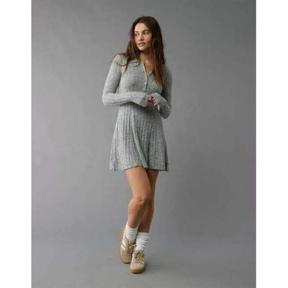 American Eagle Black Ribbed Knit Long Sleeve Polo Mini Sweater Dress XL NEW